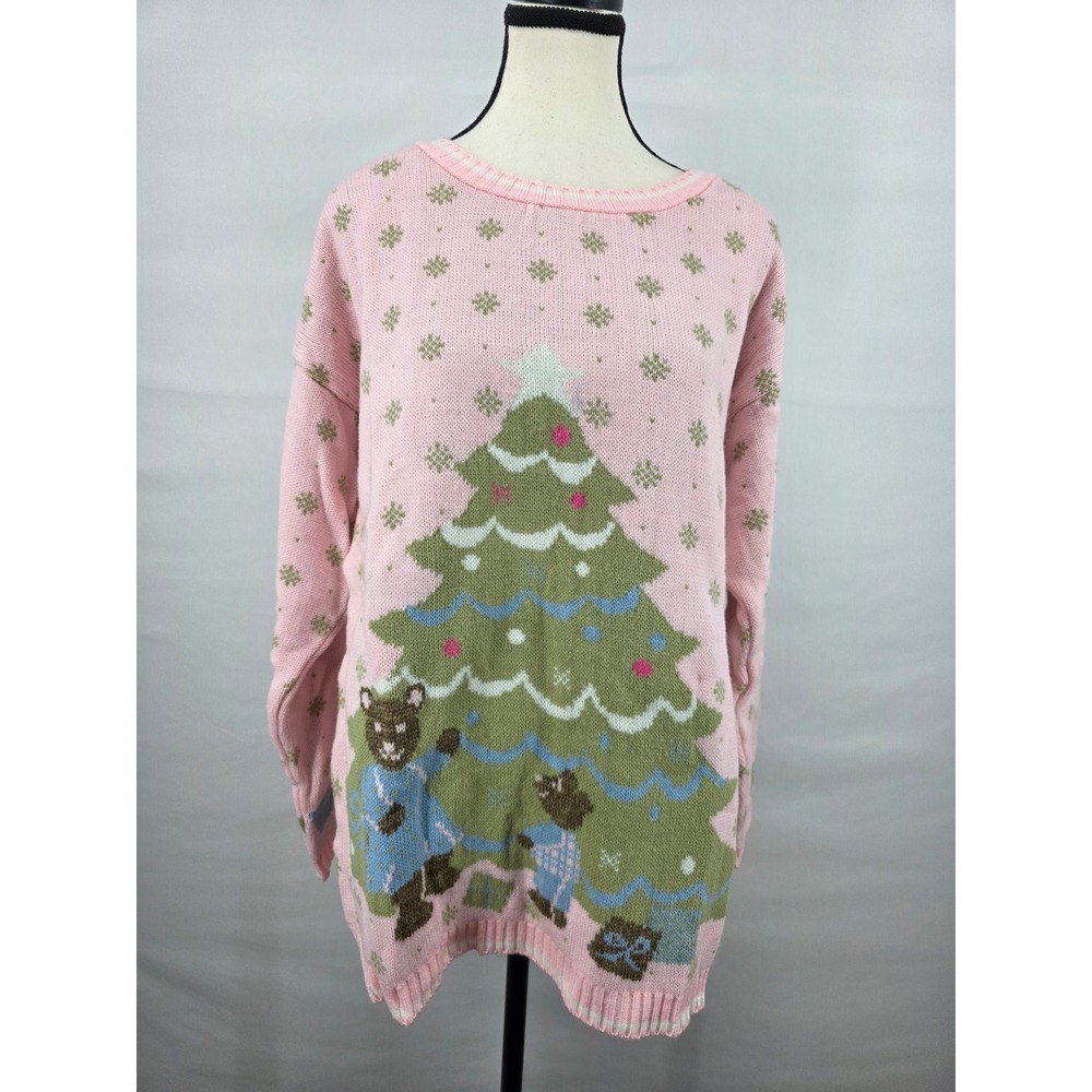Bedford Fair Vintage Pink Christmas Tree Bear Sweater Womens Large Petite USA